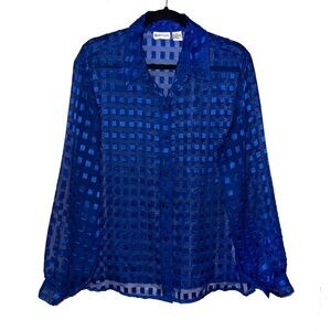 Vintage Apparenza Blue Sheer Square Metallic Embellished Button Down Blouse
